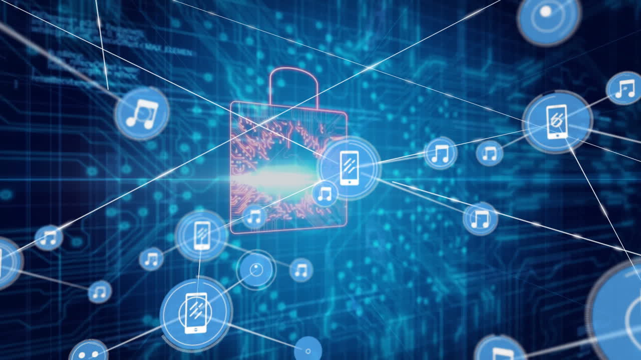 Animation of digital network with music icons over blue technological background