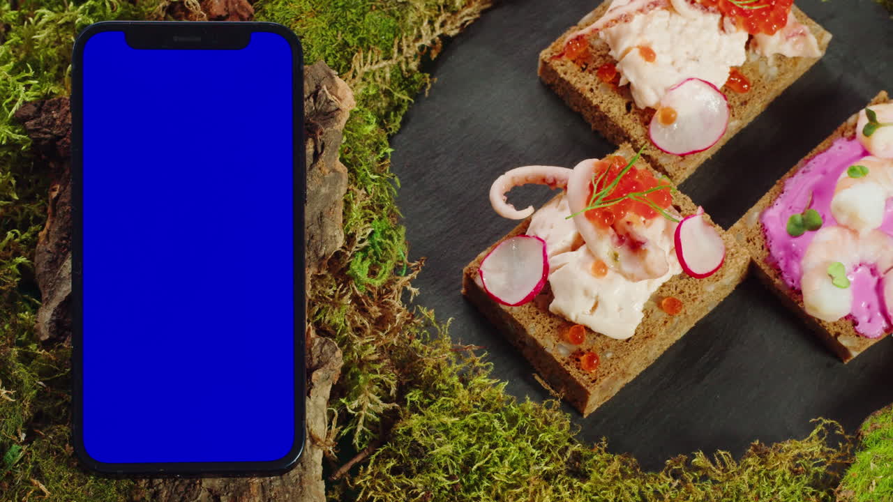 Gourmet Appetizers with Smartphone Mockup on Moss Background