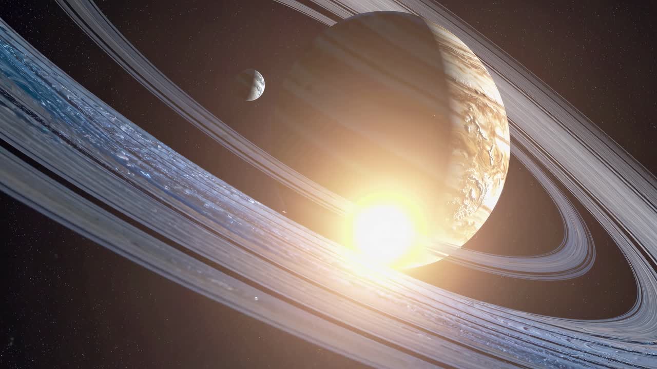 A cosmic video scene with a low-angle view of a planet and its rings, illuminated by a distant sun