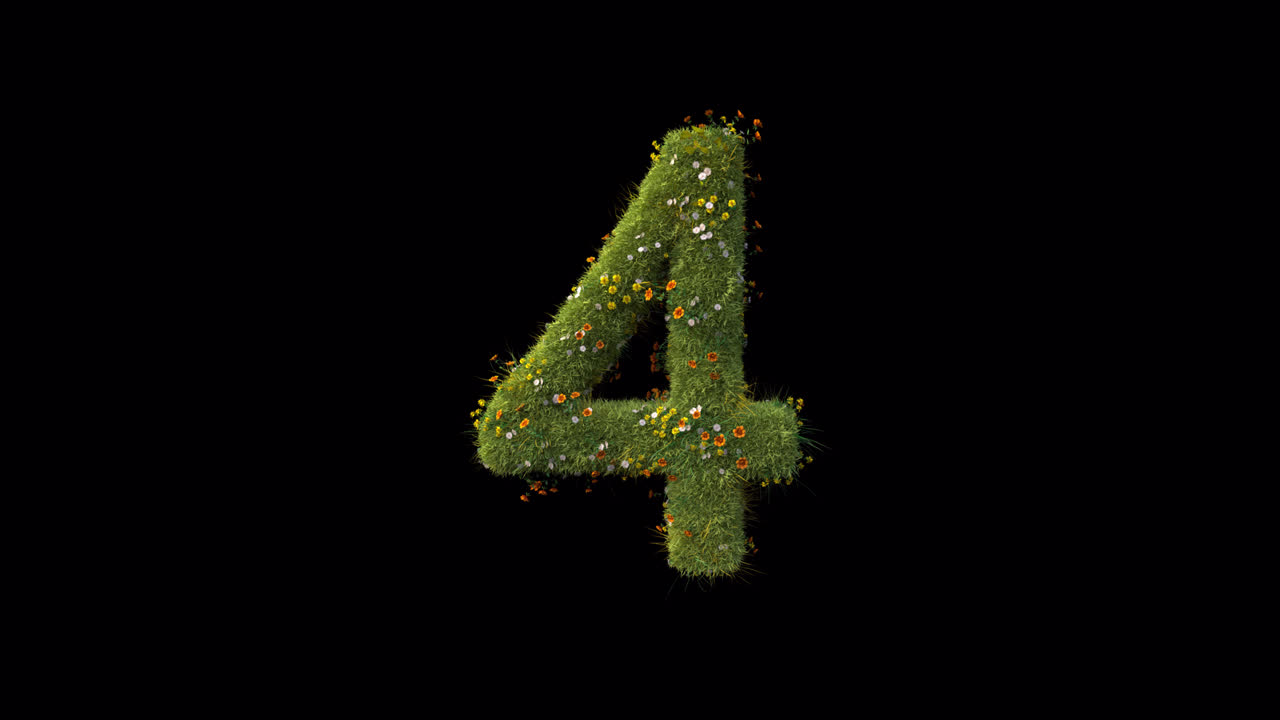 Numero 4 con Erba e Fiori in Crescita su Sfondo Nero