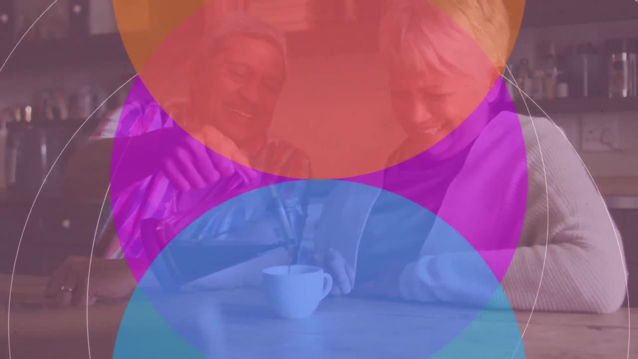 아프리카계 미국인 노인 남자가 아내를 위해 컵에 커피를  ⁇ 고 있는 컬러풀한 원형