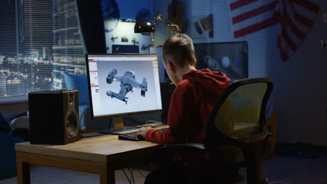 boy designing a 3d model on a computer in his bedroom