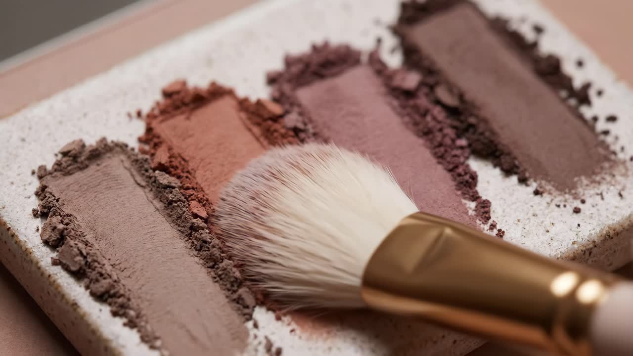 Makeup Brush Dipping into Eyeshadow Powder Swatches