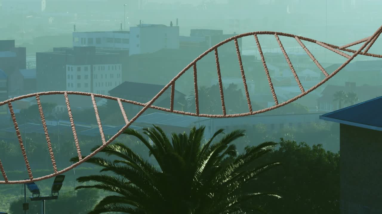 On play double-helix ribbon sweeping right and oscillating over hazy skyline to visualize motion