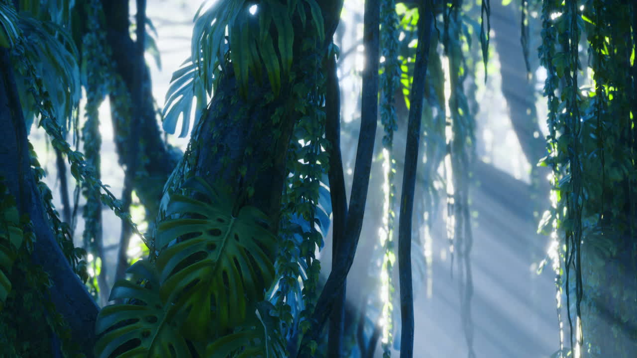 Lush green jungle under bright sunlight filters through dense foliage