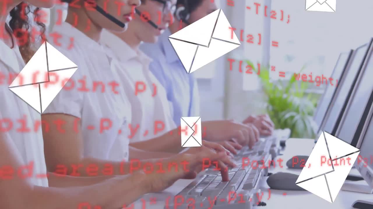Animazione di elaborazione dati finanziari e icone email su persone che indossano cuffie telefoniche