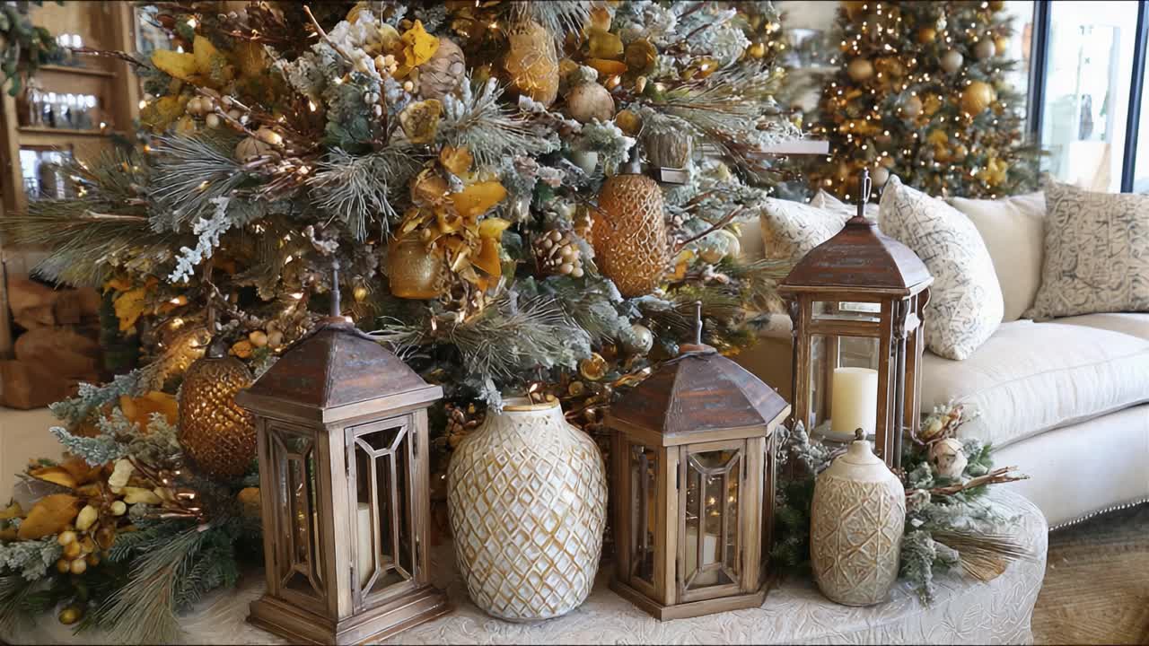 Beautifully Decorated Holiday Living Space Featuring an Elegant Christmas Tree Surrounded by Stylish Lanterns and Festive Ornaments for Seasonal Cheer