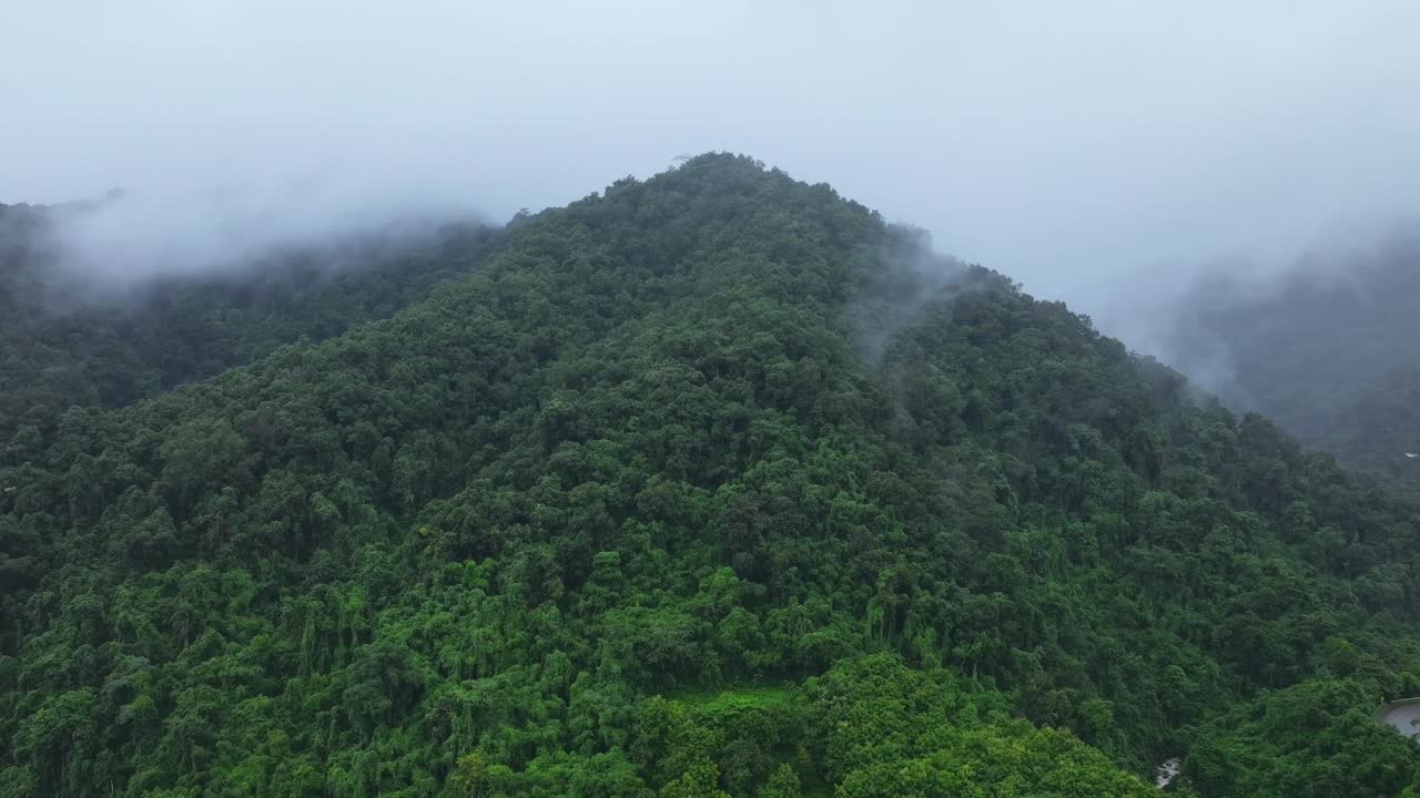 Drone video captures a mist-shrouded, lush green mountain in Nan, Thailand. Dense tropical forest covers the landscape, creating a serene, mystical atmosphere under soft, diffused lighting