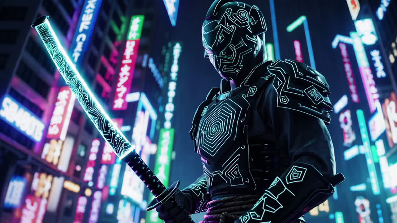 samurai cyberpunk en una ciudad de neón