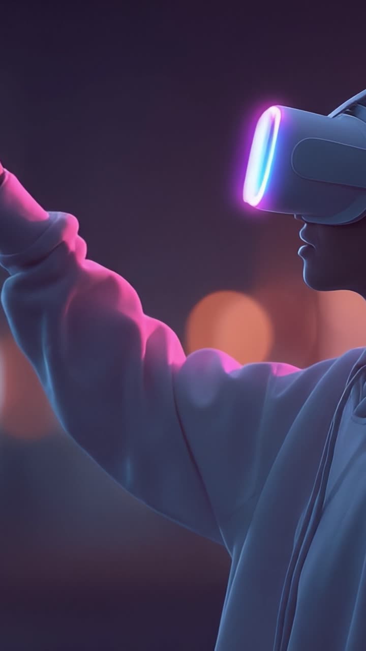 Esperienza immersiva di realtà virtuale: interazione con il mondo digitale attraverso tecnologia all'avanguardia e ambienti interattivi in un'ambientazione notturna