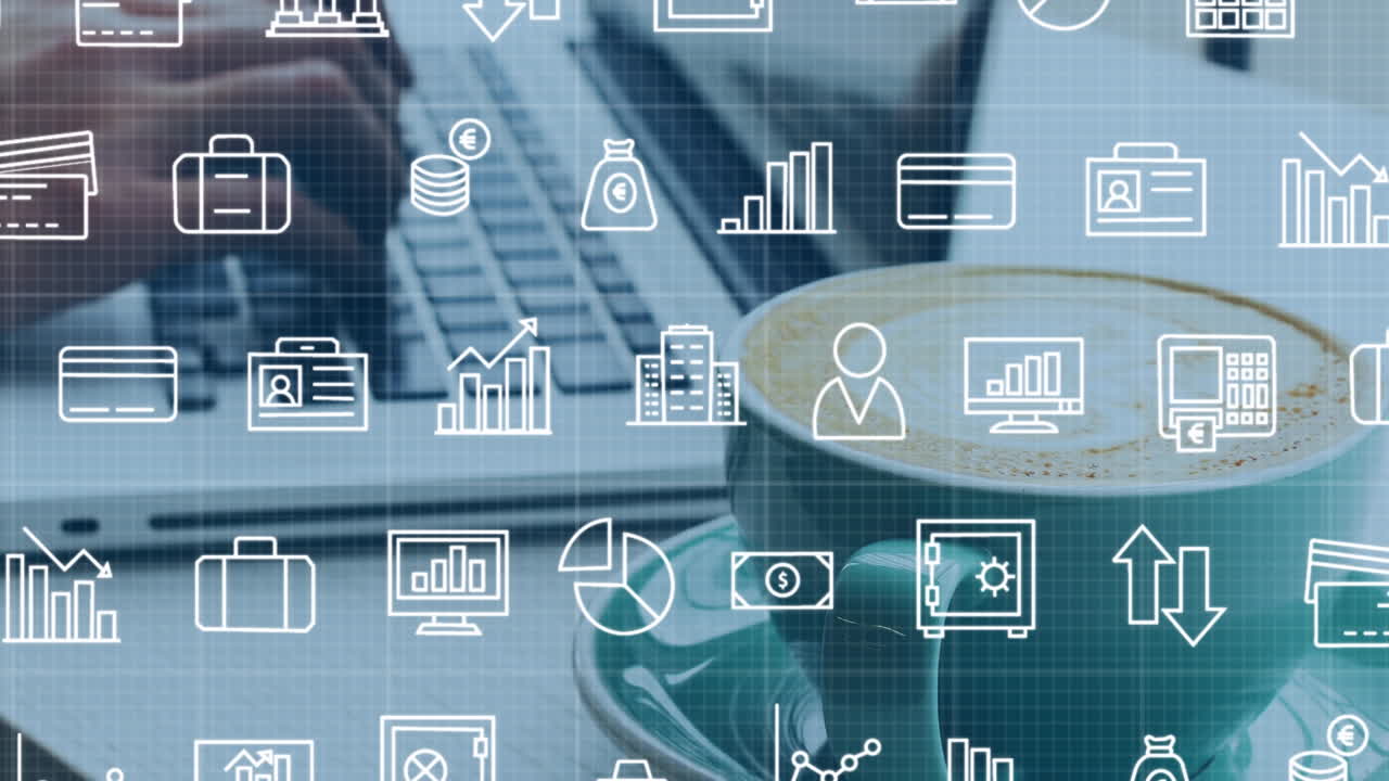 múltiples iconos digitales moviéndose cerca de una taza de café y una persona usando una computadora portátil
