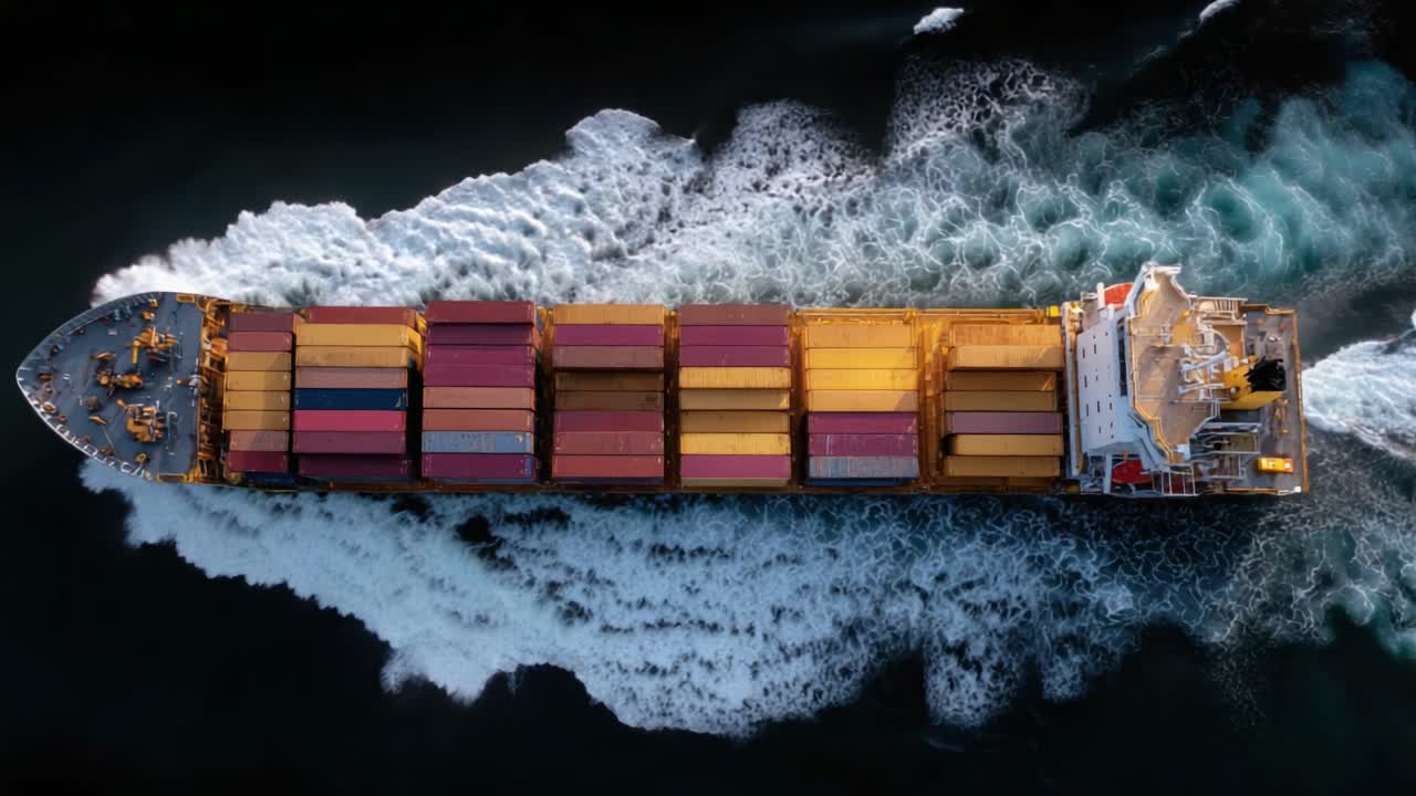 Aerial View of Container Ship Navigating Through Waves with Colorful Cargo Containers, Capturing the Essence of Maritime Logistics and Transportation at Sea