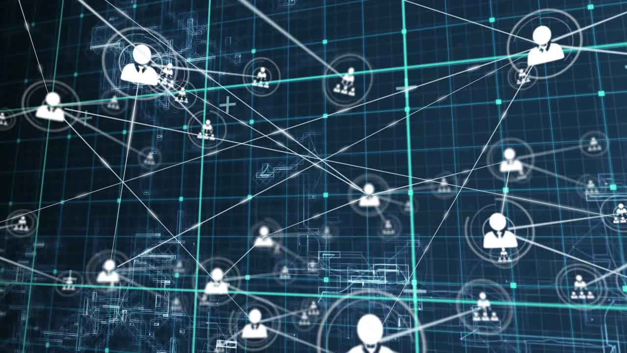 Central avatar node sending links after ring appearing, mapping business network on teal grid