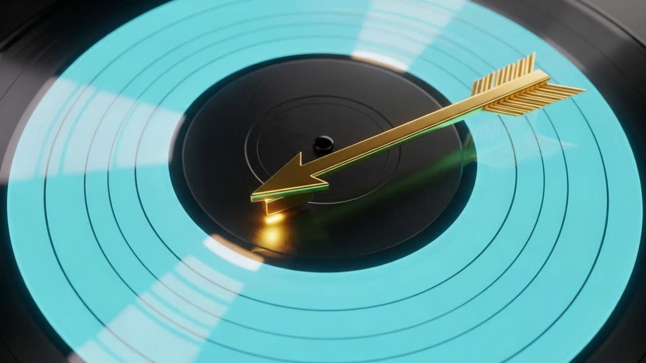 A Stylish Close-Up of a Spinning Vinyl Record with a Distinctive Arrow Design Pointing Towards the Center, Highlighting the Vibrant Blue and Classic Black Colors