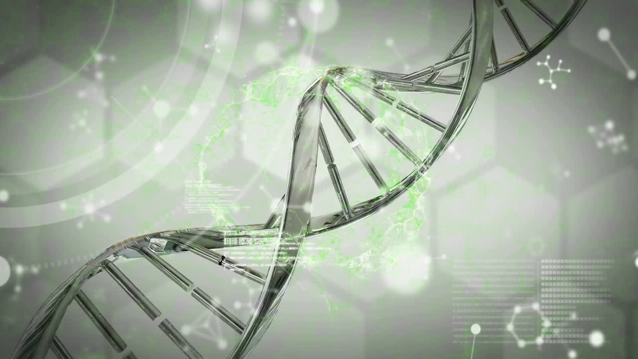 Filamento di DNA e animazione di elaborazione dati scientifici su sfondo verde