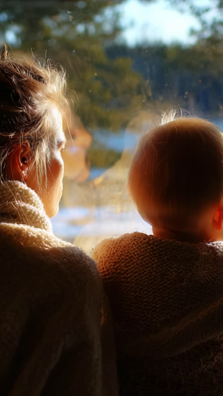 Een sereen moment van verbinding: een ouder en kind kijken uit het raam, omgeven door warmte en licht, en delen samen een intieme ervaring in de natuur