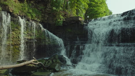 wide shot zooming out to reveal the full upper balls falls and rocky riverbed surrounded by forest