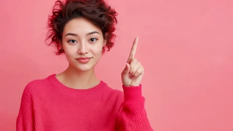 a woman in a pink sweater pointing up