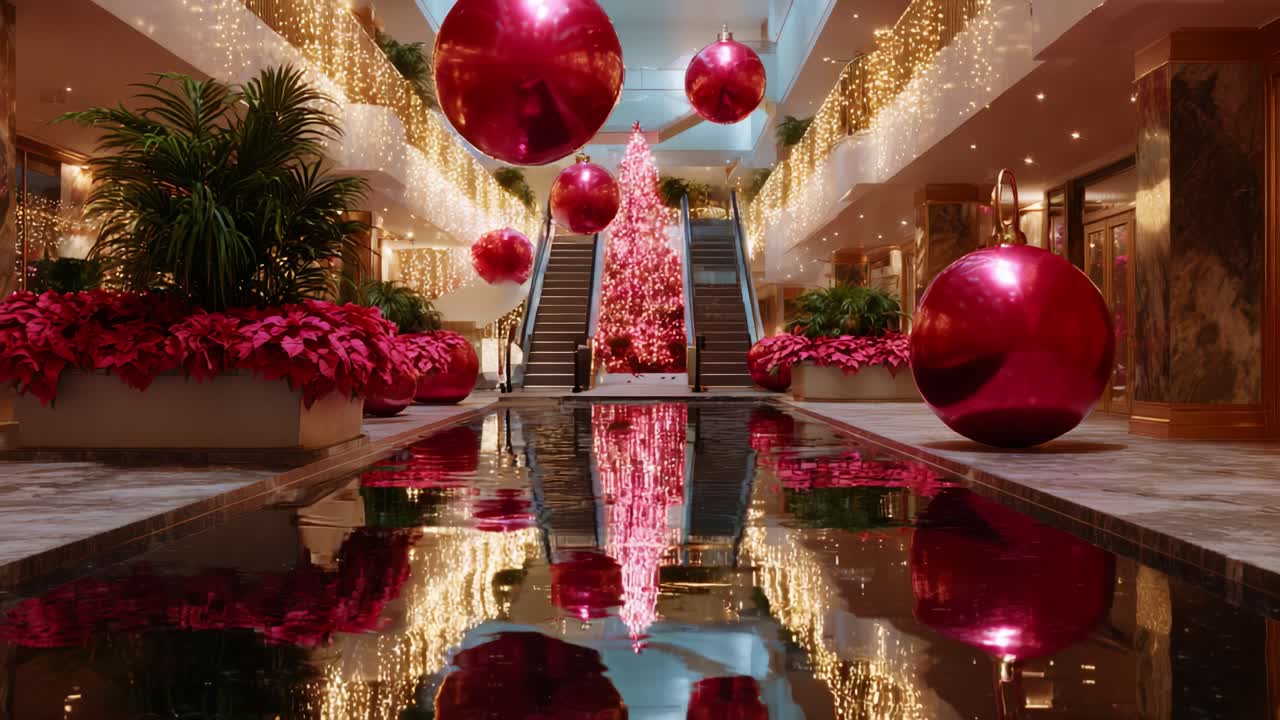 A Stunning Holiday Display Showcasing a Pristine Indoor Space Decorated with Giant Red Ornaments and a Majestic Christmas Tree Illuminated with Twinkling Lights and Surrounded by Lush Greenery and Vibrant Blooms