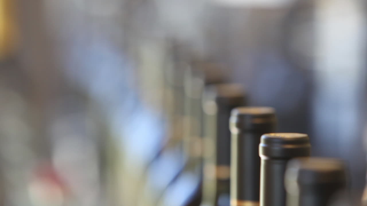 와인 병입 공장 내부의 조립 라인을 따라 자동화의 클로즈업 샷 5