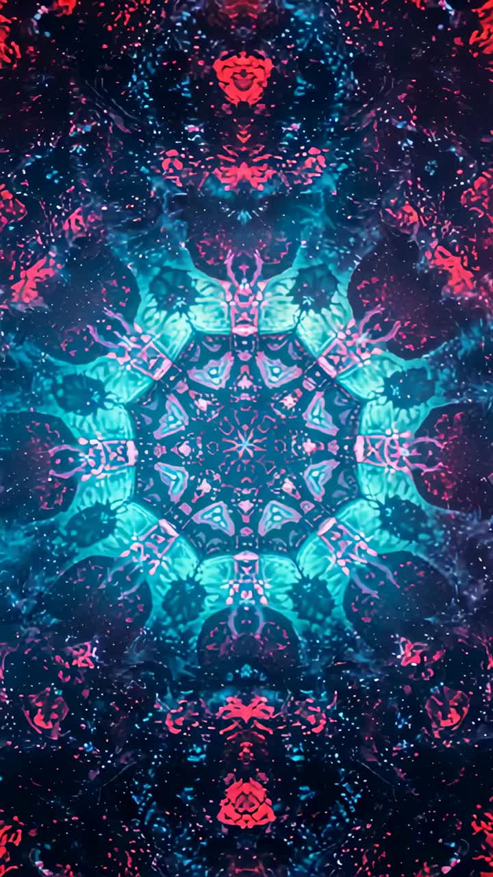 Vertical video: Animation starting mandala rotating morphing in navy cyan beads red arcs for loop