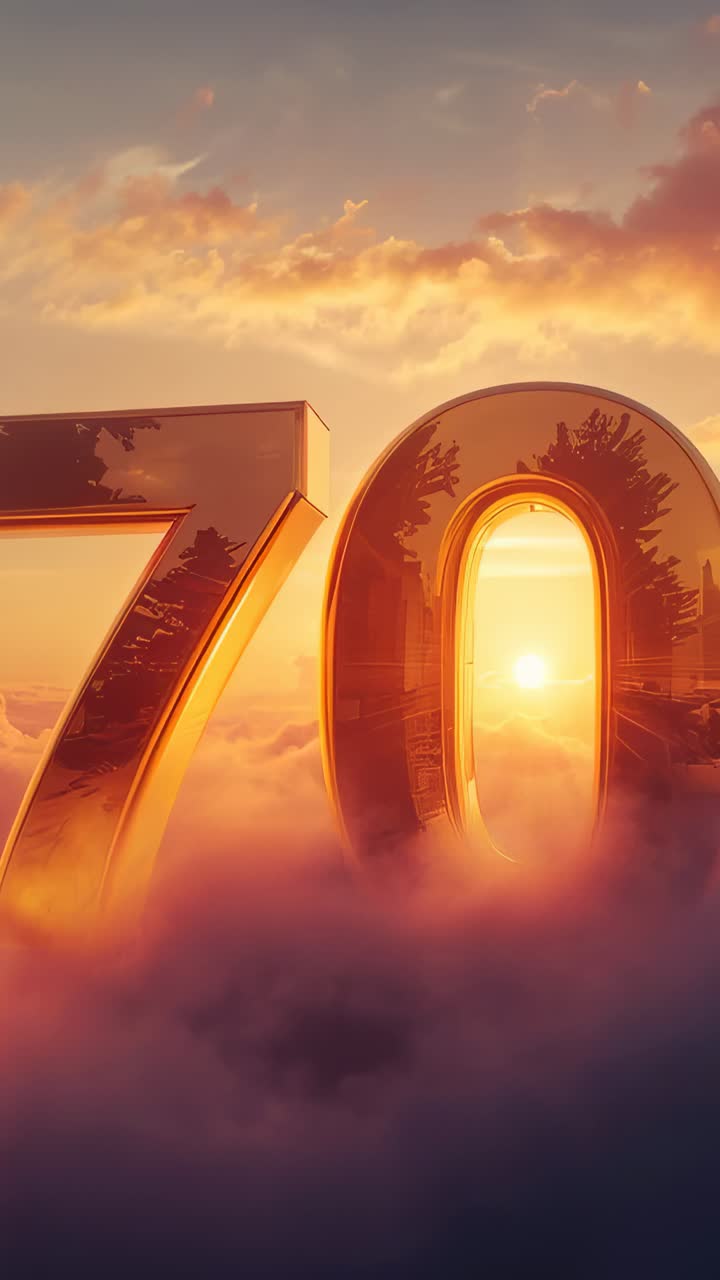 Vertical video: Lifting gold numerals 70 from fog at dawn, sun glowing in zero reflecting trees