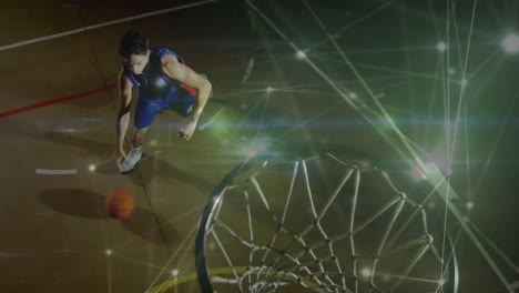 animation of networks of connections over mixed race male basketball player at gym