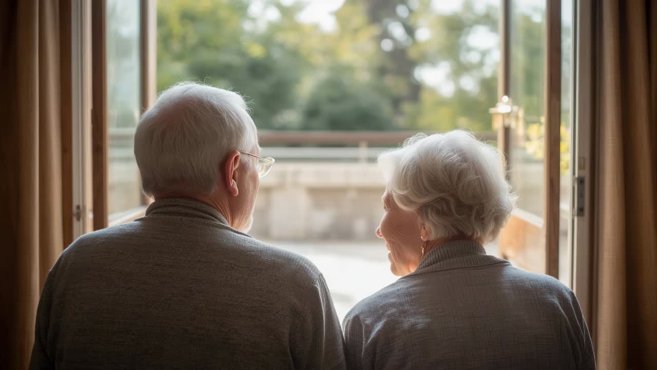 Coppia matura seduta con maglioni grigi che guarda la terrazza attraverso le porte aperte, con la luce che tocca la donna mentre si gira