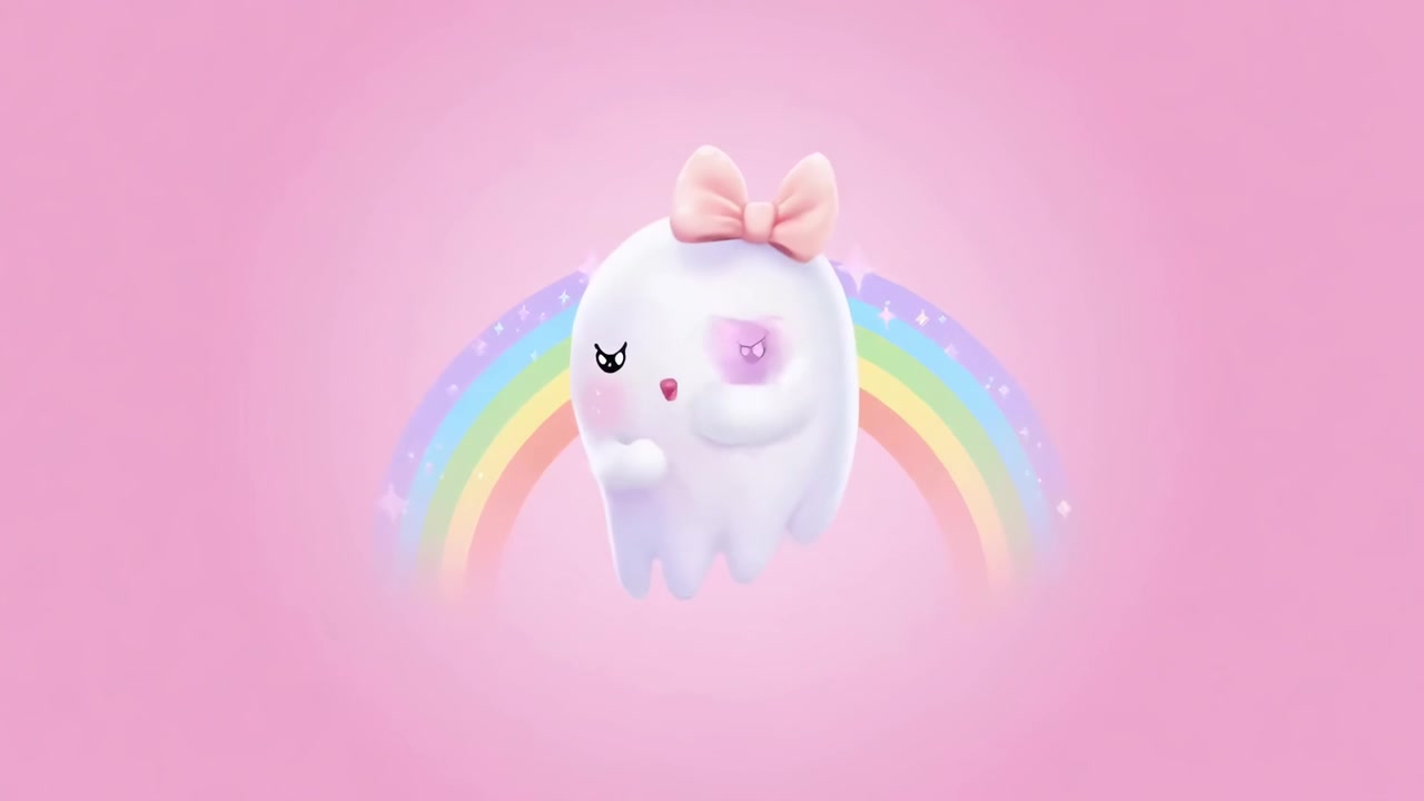Pastel arka planda pembe fiyonklu sevimli animasyon hayalet karakteri