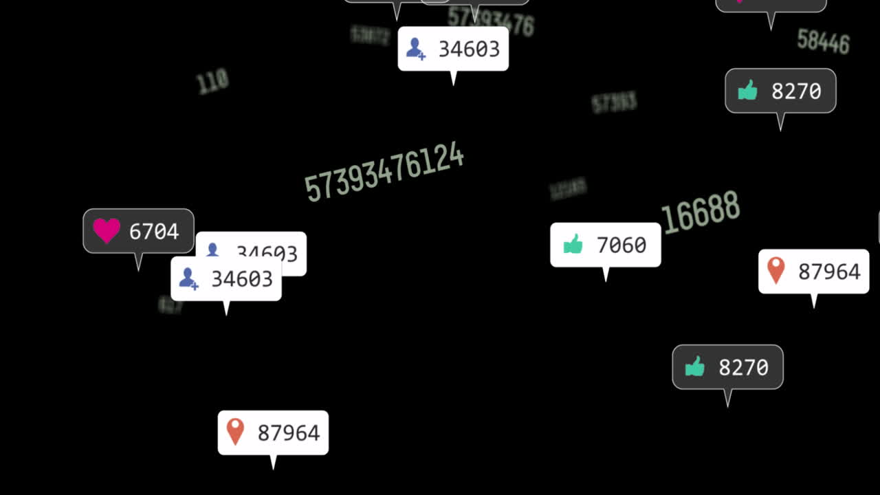 Animation of social media icons, numbers and text moving on black background