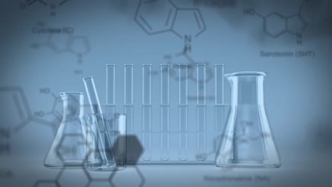 Animation-of-chemical-compound-structures-against-laboratory-beakers-and-test-tubes