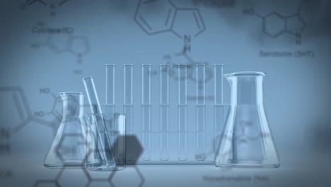animación de estructuras de compuestos químicos contra vasos de laboratorio y tubos de ensayo