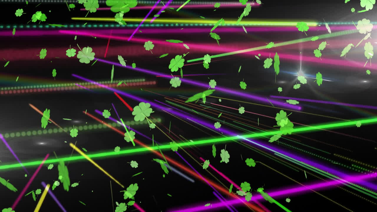 Animation of colorful laser beams and green clovers creating festive atmosphere