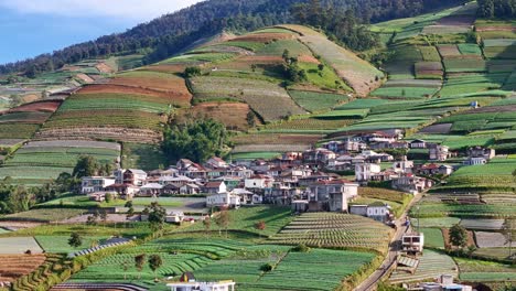 Beautiful drone footage capturing highland village surrounded by stepped agricultural terraces