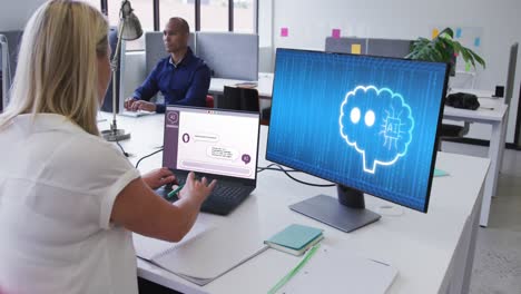 composición de una mujer caucásica usando una computadora portátil con chat de ai en la pantalla.