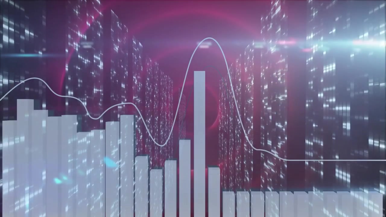 Data visualization moving through digital tunnel, featuring translucent 3D bar chart and line graph