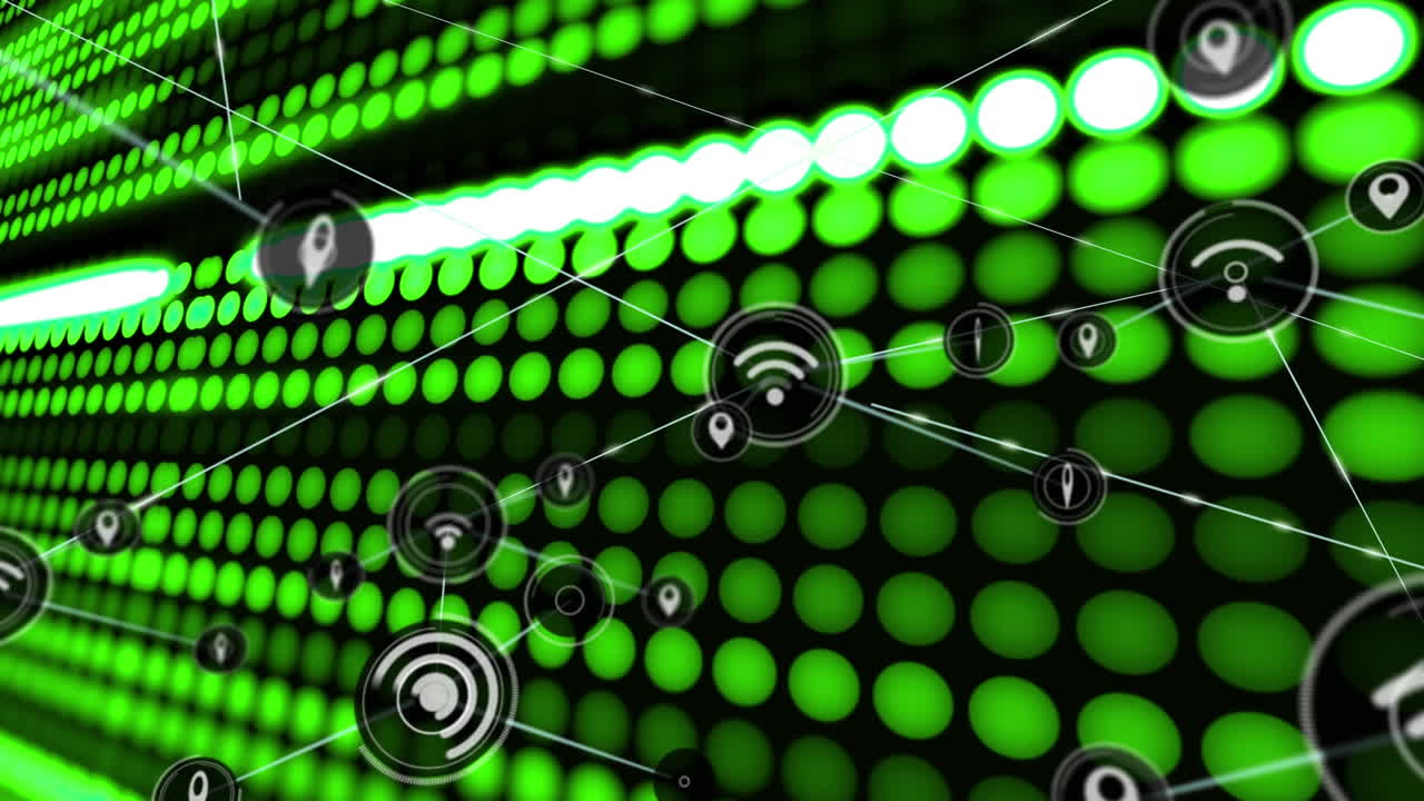 animación de la red de conexiones de iconos wi fi en fondo negro con manchas verdes