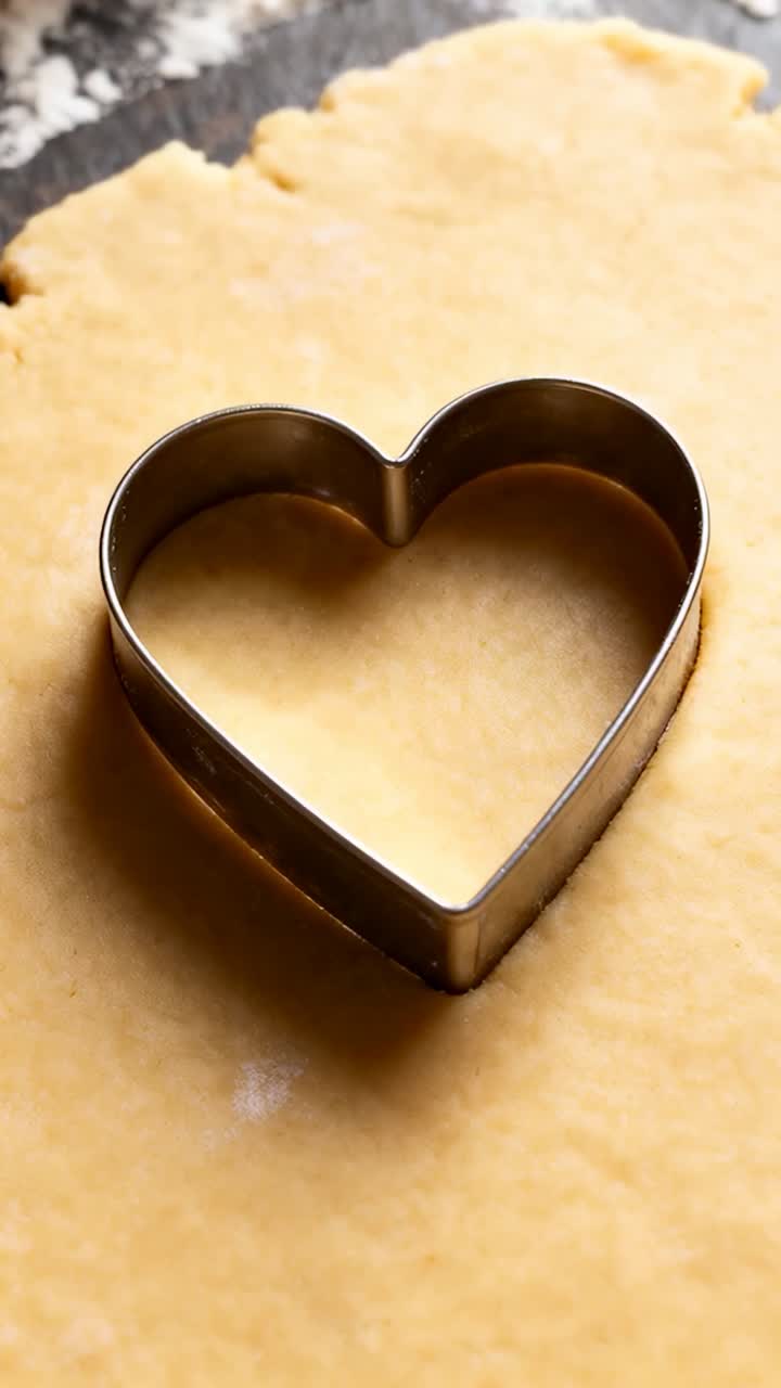 Vertical video: Contacting rolled dough, metal heart cutter pressing to cut cookies in kitchen