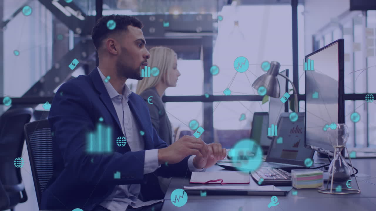 animación de la red de conexiones con iconos sobre diversas personas de negocios en la oficina