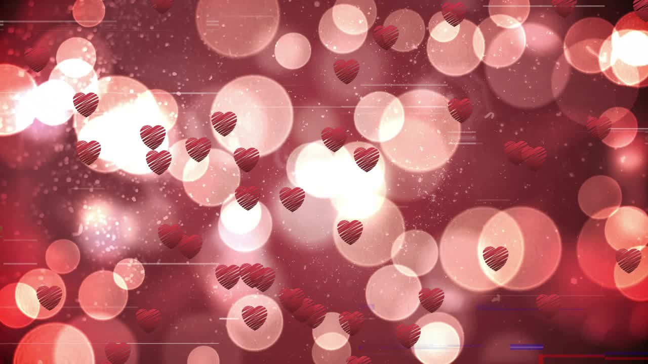 When red bokeh circles begin pulsing, small red sketch hearts floating diagonally up, filling scene