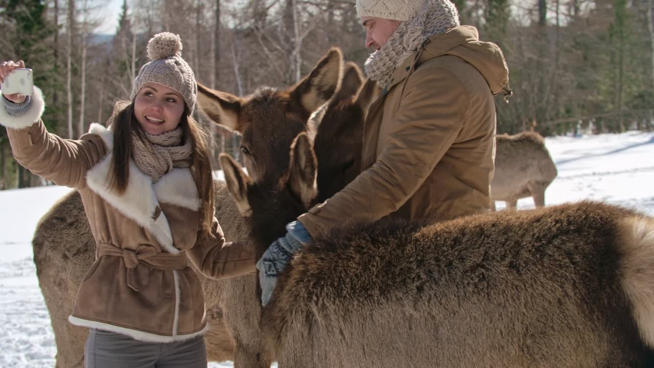 Tourist Taking Selfie with Fawns