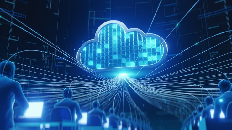 Abstract visualization of cloud technology with stylized figures accessing data streams in a digital network environment representing computing, communication, and data management