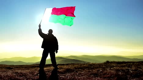 hombre ganador de silueta exitosa agitando la bandera de madagascar en la cima de la montaña, fondo de bucle de cinemagraph