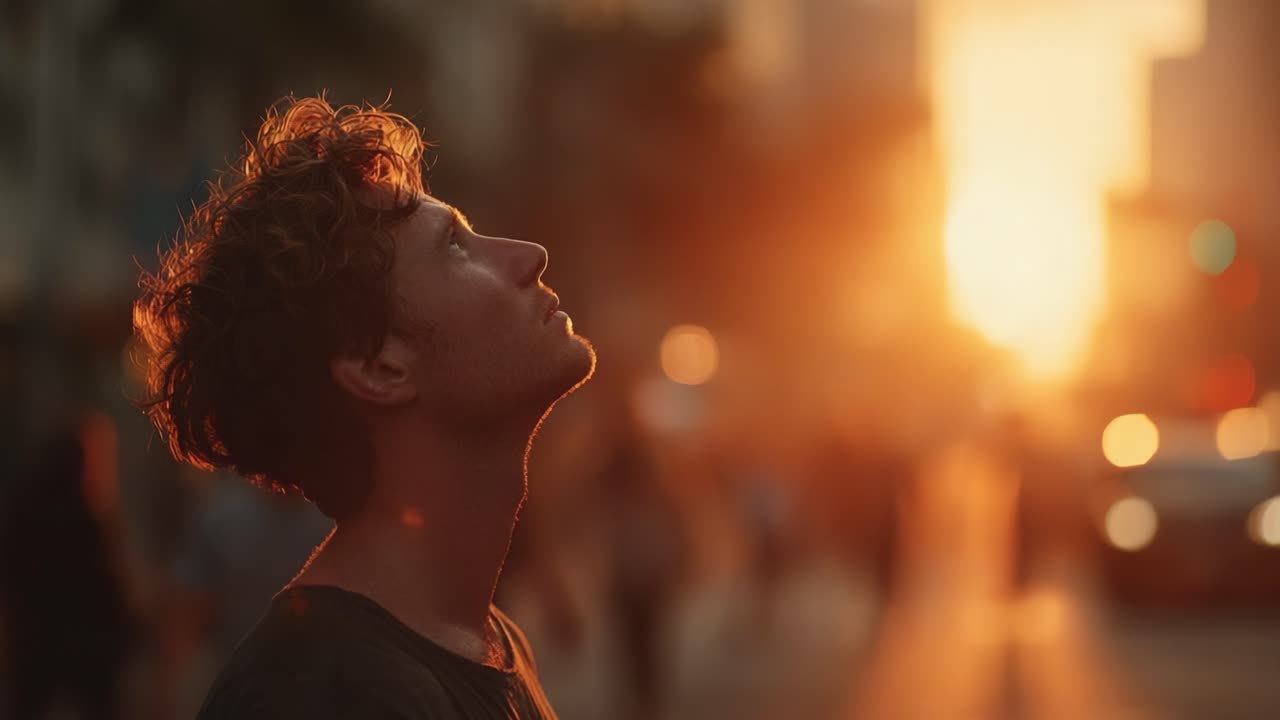 Un Momento Contemplativo Bajo el Resplandor Dorado del Atardecer: Una Persona Joven Mira Hacia Arriba, Capturando la Esencia de la Reflexión y la Belleza de la Vida Urbana al Anochecer