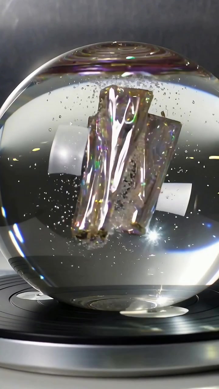 Vidéo verticale : Orbe de verre rotatif sur plateforme révélant un cœur iridescent en studio, avec des bulles se déplaçant.