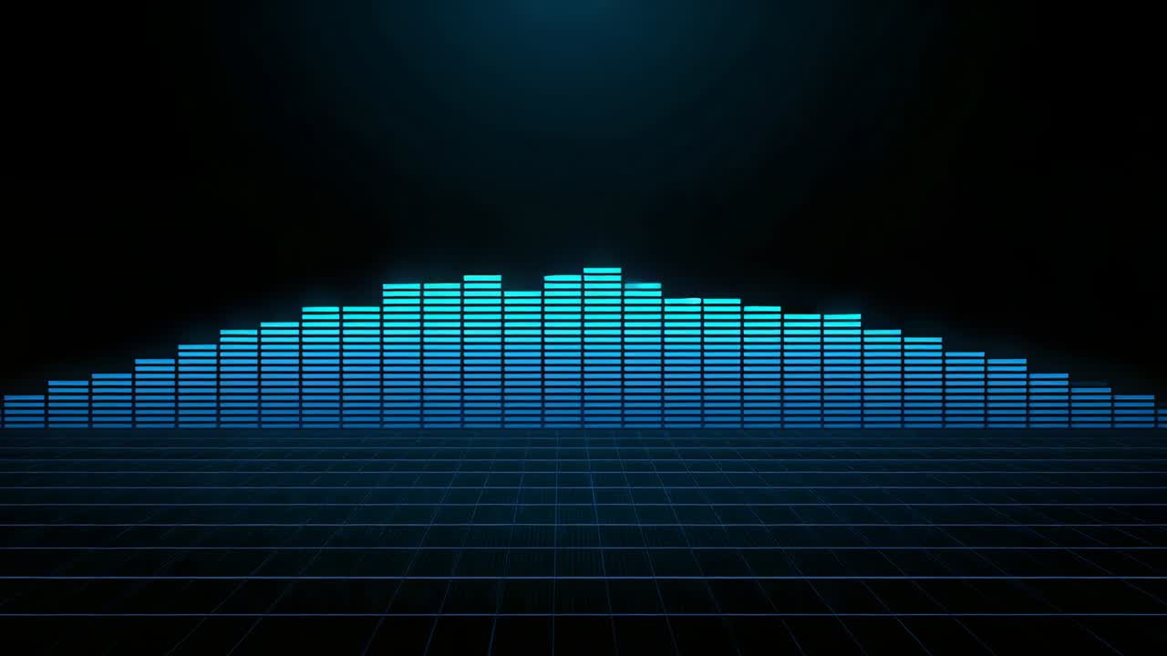Reacting to audio signal cyan-blue audio spectrum bars pulsating over grid floor, in dark studio