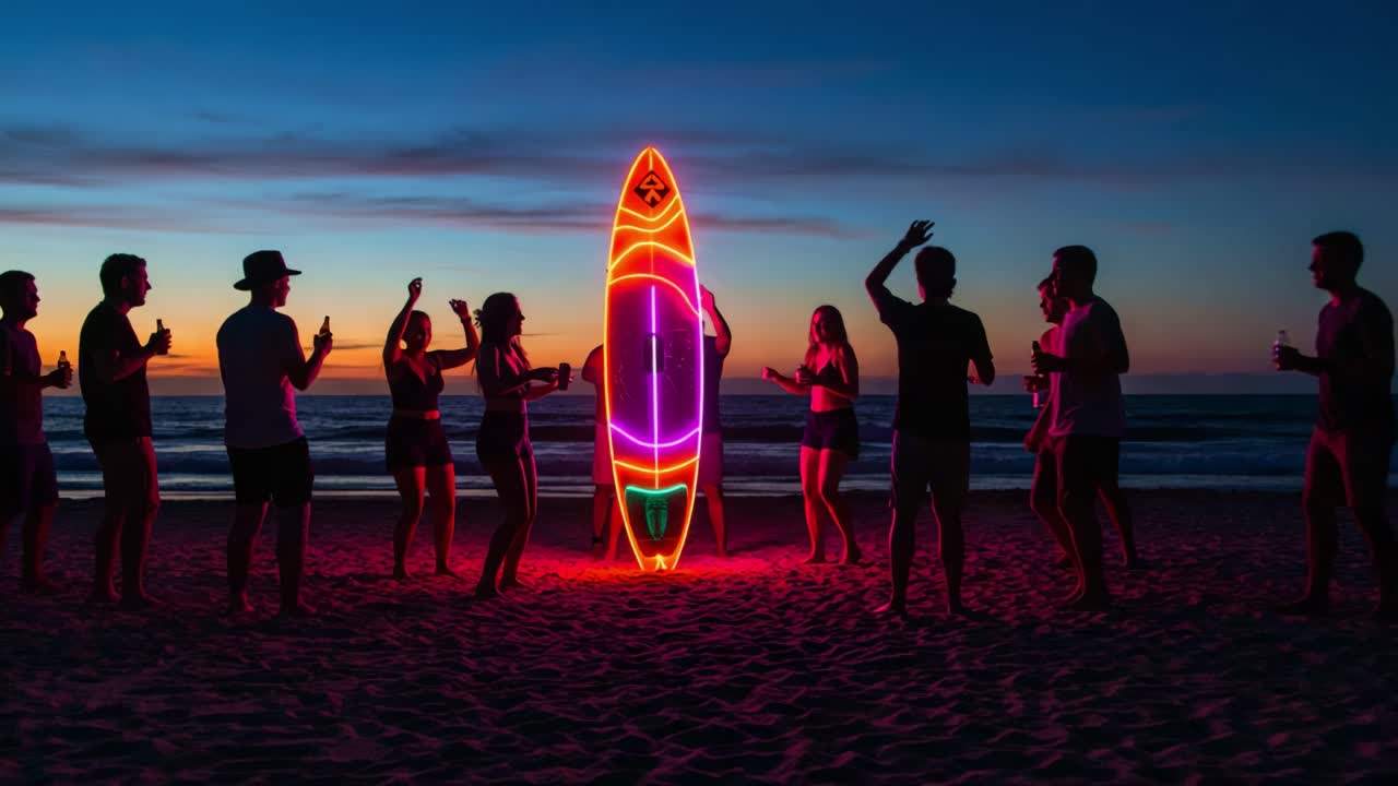 Celebratory Beach Gathering at Sunset with Neon Surfboard Surrounded by Friends Dancing and Enjoying Drinks in a Vibrant Atmosphere