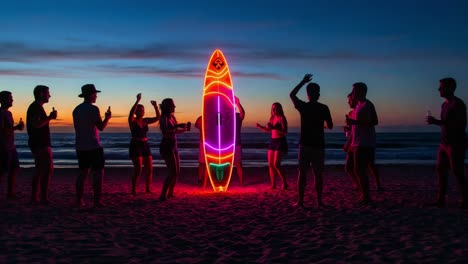 celebratory beach gathering at sunset with neon surfboard surrounded by friends dancing and enjoying drinks in a vibrant atmosphere
