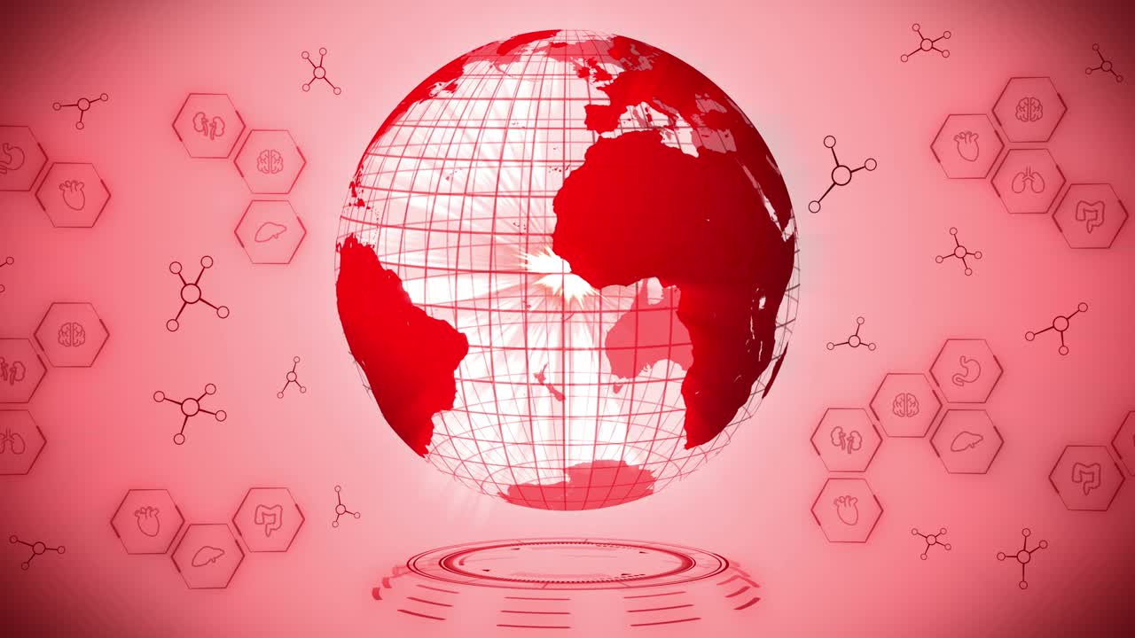 pandemia de infección. tierra global con puntos rojos de infección. concepto de elementos médicos. enfermedad o prevención. cuidado de la salud. control infeccioso. curación de virus. animación de bucle.