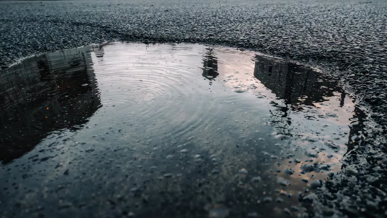 Rippling shallow puddle on wet asphalt, raindrop making ripples and clarifying tower reflection